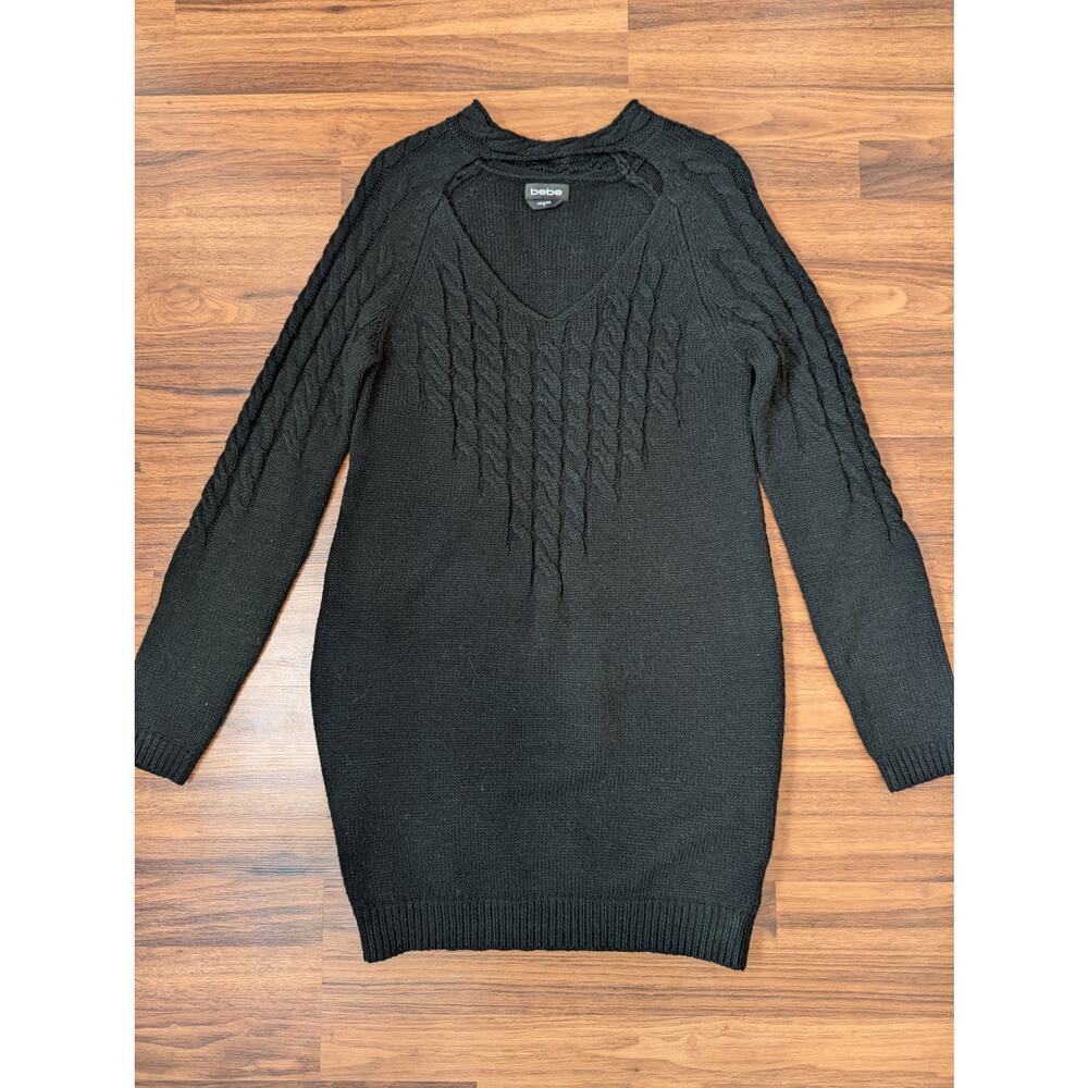 Bebe Cable Knit Sweater Dress Size Small Black Long Sleeve V-neck Minimalist